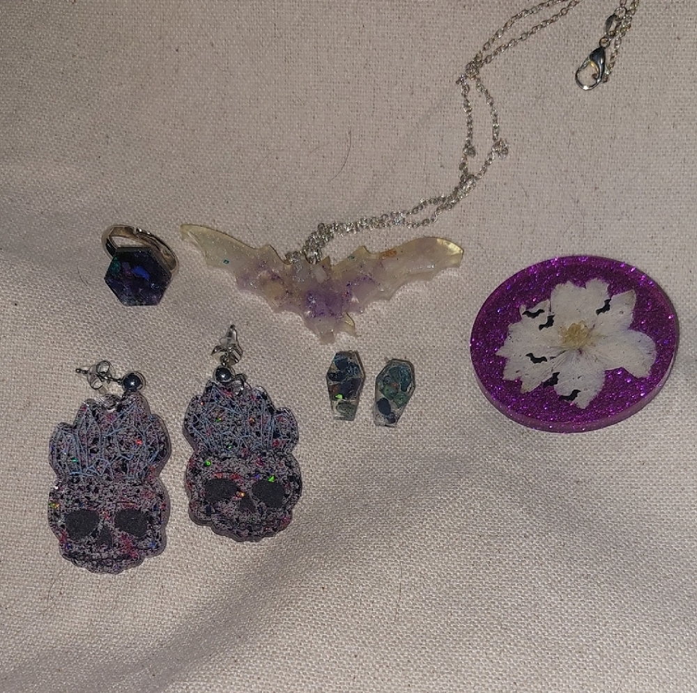 5pcs Resin Bat Goth Blue Witch Halloween Set Jewelry Accessories Pink Purple